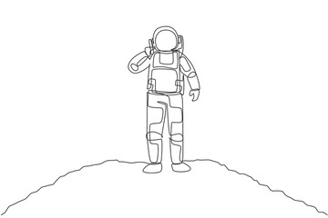 Poster - One single line drawing of cosmonaut calling his partner using smartphone in moon surface vector illustration. Astronaut business office with outer space concept. Modern continuous line draw design