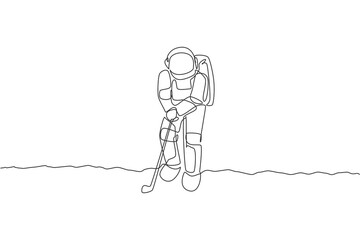 Poster - one single line drawing of spaceman astronaut practicing golf on moon surface, cosmic galaxy vector 