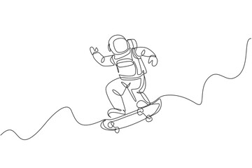 Poster - Single continuous line drawing of astronaut riding skateboard on moon surface, outer deep space. Space astronomy galaxy sport concept. Trendy one line draw design vector illustration graphic