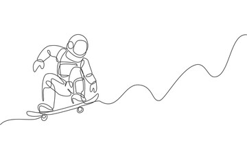 Poster - One continuous line drawing of astronaut riding skateboard in deep space galaxy. Spaceman healthy fitness sport concept. Dynamic single line draw graphic design vector illustration