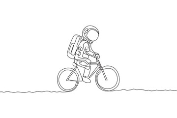 Poster - One single line drawing of spaceman astronaut riding bicycle on moon surface, cosmic galaxy vector illustration. Healthy space cosmonaut lifestyle sport concept. Modern continuous line draw design