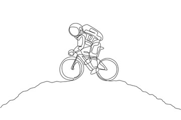 Poster - One single line drawing of spaceman astronaut practice bicycle on moon surface cosmic galaxy vector illustration. Healthy space cosmonaut lifestyle sport concept. Modern continuous line draw design