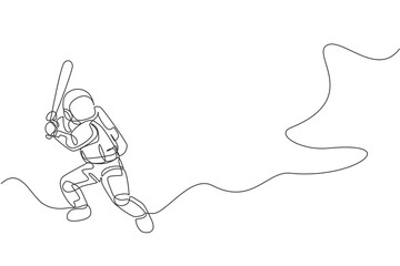 Poster - One continuous line drawing of astronaut playing baseball in deep space galaxy. Spaceman healthy fitness sport concept. Dynamic single line draw graphic design vector illustration