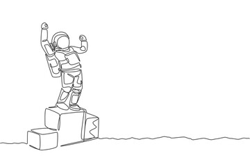 Poster - one continuous line drawing of astronaut standing on first place podium. deep space galaxy. spaceman