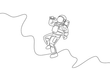 Poster - One continuous line drawing of astronaut singer with spacesuit singing a song in galaxy universe. Outer space music concert and orchestra concept. Dynamic single line draw design vector illustration