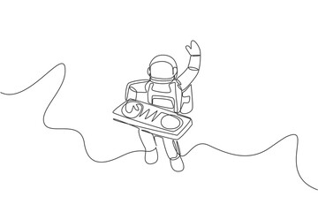 One single line drawing of spaceman playing mixer dj musical instrument in deep space vector illustration. Music concert poster with space astronaut concept. Modern continuous line graphic draw design