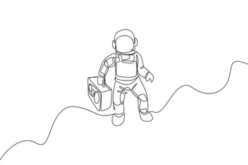 Poster - One single line drawing of spaceman flying and bringing retro radio in deep space graphic vector illustration. Music concert poster with space astronaut concept. Modern continuous line draw design