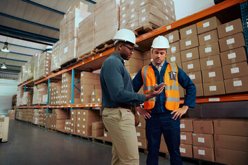 Portrait of a male worker and manger together checking the stock using digital tablet at large storehouse