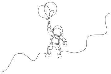 Poster - One continuous line drawing of cosmonaut exploring outer space. Astronaut flying with balloons. Fantasy cosmic galaxy discovery concept. Dynamic single line draw graphic design vector illustration