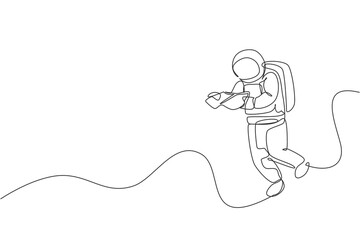 Poster - Single continuous line drawing of floating science astronaut in spacewalk reading space map. Fantasy deep space exploration, fiction concept. Trendy one line draw graphic design vector illustration