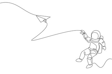 Poster - One single line drawing of space man astronaut exploring outer space, launching plane paper graphic vector illustration. Fantasy outer space life fiction concept. Modern continuous line draw design