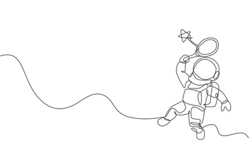 Poster - One continuous line drawing of cosmonaut exploring outer space. Astronaut hitting star with racket. Fantasy cosmic galaxy discovery concept. Dynamic single line draw graphic design vector illustration