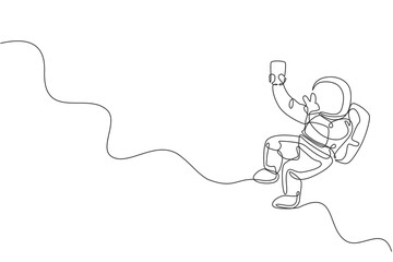Poster - Single continuous line drawing of floating science astronaut in spacewalk pose selfie using smartphone. Fantasy deep space exploration, fiction concept. Trendy one line draw design vector illustration