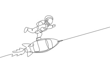 Wall Mural - one single line drawing of astronaut in spacesuit floating and discovering deep space while standing