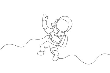 Poster - Single continuous line drawing of young cosmonaut scientist discovering spacewalk universe in vintage style. Astronaut cosmic traveler concept. Trendy one line draw graphic design vector illustration