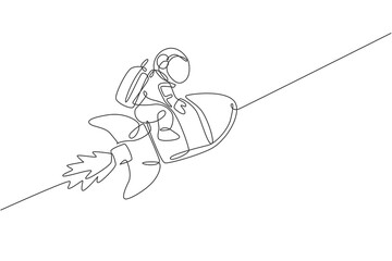 Poster - Single continuous line drawing of astronaut in spacesuit flying at outer space while sitting and riding rocket spacecraft. Science astronomy concept. Trendy one line draw design vector illustration