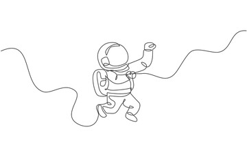 Poster - Single continuous line drawing of young cosmonaut scientist discovering spacewalk universe in vintage style. Astronaut cosmic traveler concept. Trendy one line draw design vector graphic illustration