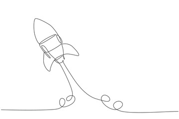 Wall Mural - One continuous line drawing of simple retro spacecraft flying up to the outer space nebula. Rocket space ship launch into universe concept. Dynamic single line draw design vector graphic illustration