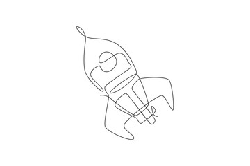 Poster - single continuous line drawing rocket launch fly into the sky universe. vintage spacecraft rocketshi