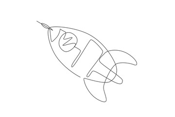 Poster - single continuous line drawing rocket launch fly into the sky universe. vintage spacecraft rocketshi