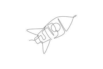 Poster - one single line drawing of simple vintage rocket takes off into the outer space vector graphic illus