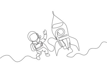 Poster - one continuous line drawing of spaceman astronaut science discovering cosmos galactic with rocket. c