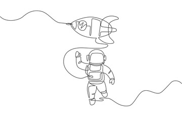 Poster - one single line drawing of astronaut in spacesuit waving hand and discovering deep space with rocket