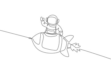 Poster - one continuous line drawing of spaceman astronaut science discovering cosmos galactic while waving h