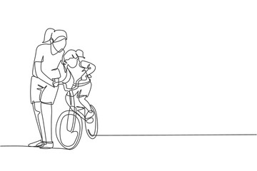 Wall Mural - One continuous line drawing of young mother help her daughter learning to ride a bicycle at countryside together. Parenthood lesson concept. Dynamic single line draw design vector graphic illustration