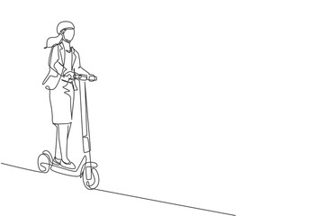 Wall Mural - One single line drawing of young energetic worker woman riding electric scooter to the office vector illustration. Future transport. Healthy lifestyle sport concept. Modern continuous line draw design