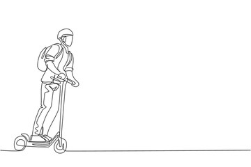 Poster - one continuous line drawing of young happy businessman ride electric scooter to go to company. green