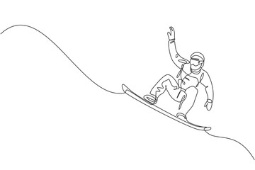 Poster - One continuous line drawing of young sporty man snowboarder riding snowboard and jumping alps snowy powder mountain. Winter lifestyle sport concept. Dynamic single line draw design vector illustration