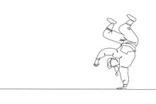Single Continuous Line Drawing Of Young Energetic Hip-hop Dancer Man On Hoodie Practice Break Dancing In Street. Urban Generation Lifestyle Concept. Trendy One Line Draw Design Vector Illustration