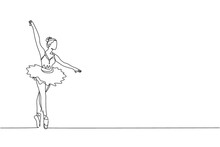 Single Continuous Line Drawing Of Young Graceful Pretty Ballerina Demonstrated Classic Ballet Choreography Dancing Skill. Opera Dance Concept. Trendy One Line Draw Graphic Design Vector Illustration