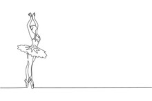 One Continuous Line Drawing Of Young Graceful Woman Ballet Dancer Perform Beauty Classic Dance At Stage Of Opera House. Ballet Performance Concept. Dynamic Single Line Draw Design Vector Illustration