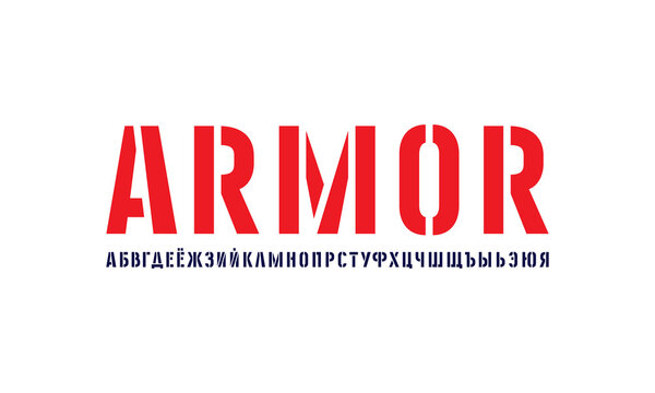 Cyrillic stencil-plate sans serif font in military style