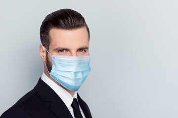 Sticker - Close up portrait of intelligent person wear safe cold flu respiratory isolated on gray color background