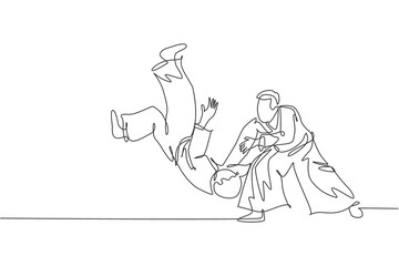 Poster - One continuous line drawing of two young men aikido fighter practice sparring fight at dojo training center. Martial art combative sport concept. Dynamic single line draw design vector illustration