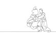 One single line drawing of two young energetic men wearing kimono exercise aikido slam technique in sports hall vector illustration. Healthy lifestyle sport concept. Modern continuous line draw design
