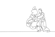 One Single Line Drawing Of Two Young Energetic Men Wearing Kimono Exercise Aikido Slam Technique In Sports Hall Vector Illustration. Healthy Lifestyle Sport Concept. Modern Continuous Line Draw Design