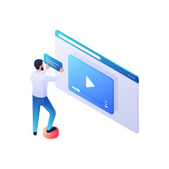 web video content review isometric illustration. male character attaches description and storyline t