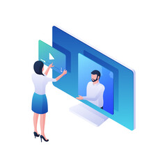 Poster - woman watching video stream service isometric illustration. female character plays online video on m