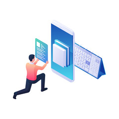 Poster - programmer developing web library for mobile app isometric vector. male character adjusts descriptio