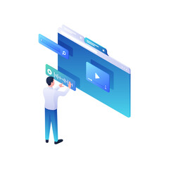 Poster - sound setting in online video isometric illustration. male character adjusts audio track searches fo