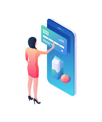 Poster - ordering and paying for products in mobile application isometric illustration. female character chec