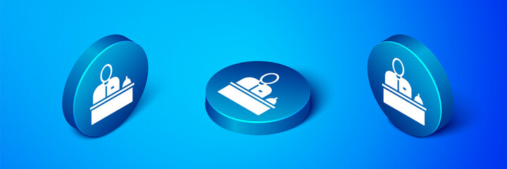 Poster - Isometric Receptionist standing at hotel reception desk icon isolated on blue background. Blue circle button. Vector.