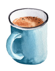 Watercolor illustration of a mug of delicious coffee