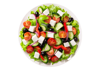 Wall Mural - Plate of fresh salad with vegetables, feta cheese and olives isolated on white background