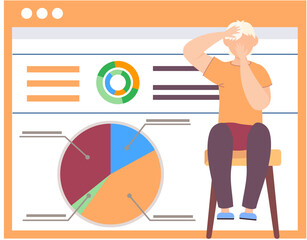 Fototapete - The guy sits on a chair and covers his face with his hands. Sectorized pie chart on background. Statistics indicators and data analysis concept. The guy studies graph and spend time at his work