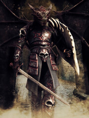 Wall Mural - Fantasy warrior with a dragon's head and wings, holding a sword and a bone shield in his hands. 3D render.